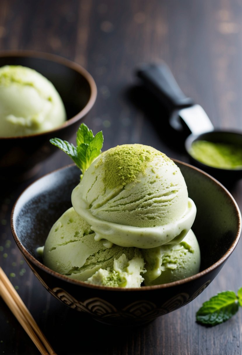 A scoop of matcha ice cream in a traditional Japanese bowl, garnished with a dusting of matcha powder and a sprig of fresh mint