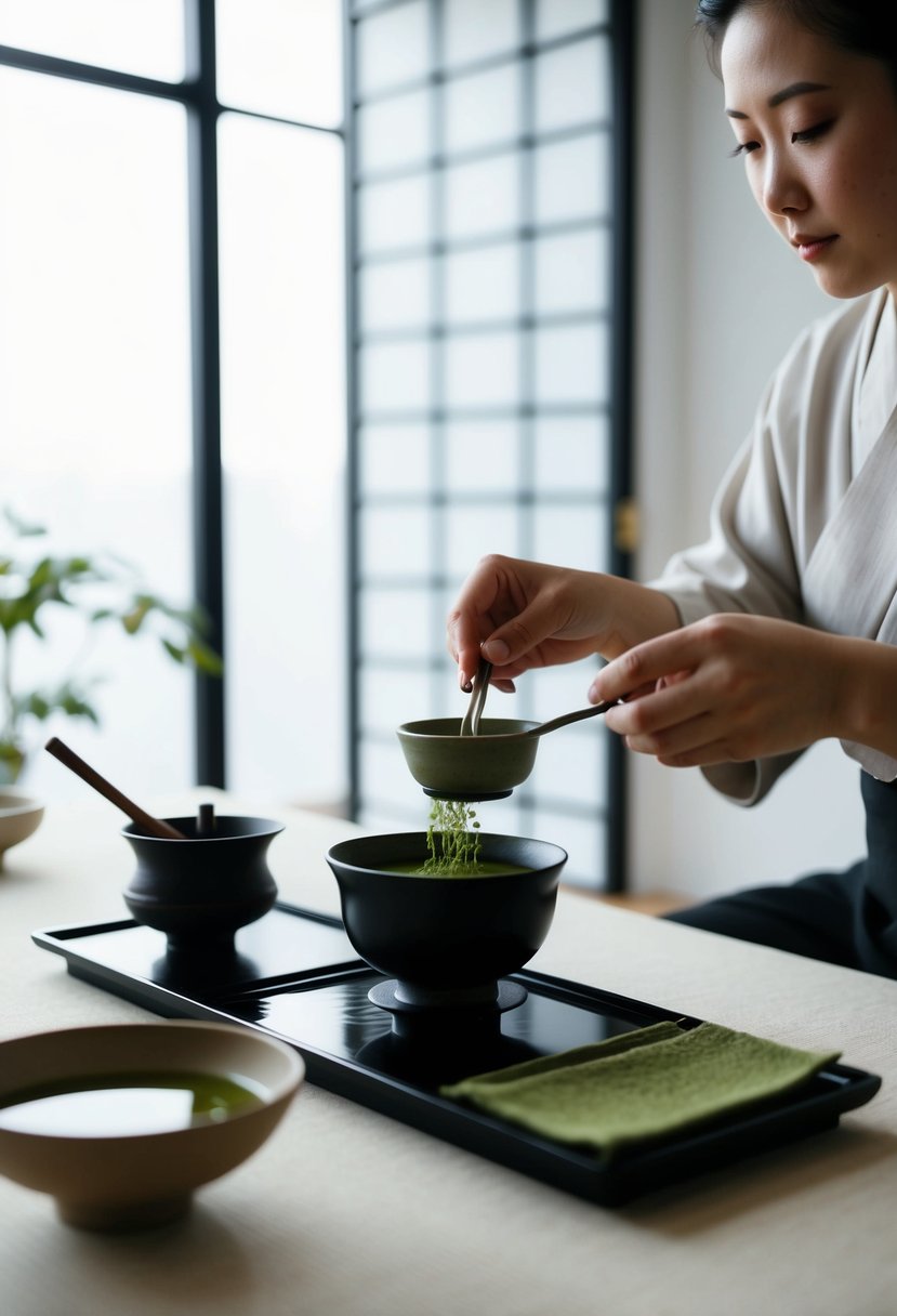 A traditional Japanese tea ceremony with matcha green tea being prepared and served in a serene, minimalist setting