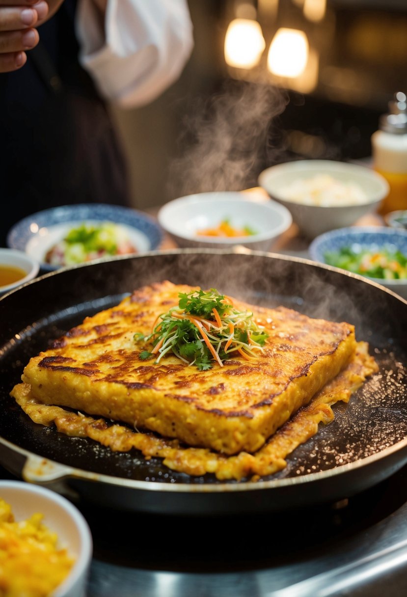 A sizzling okonomiyaki cooking on a hot griddle, surrounded by various toppings and condiments