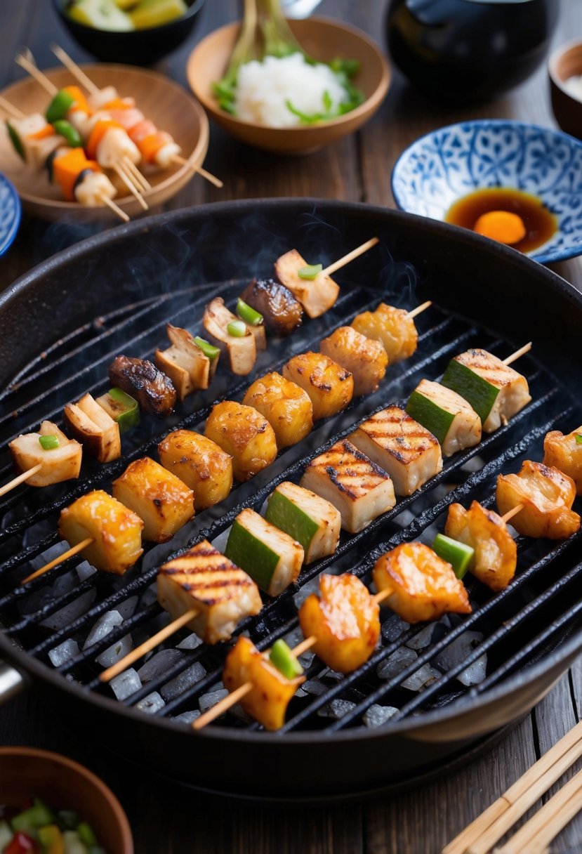 A sizzling grill with assorted yakitori skewers, surrounded by traditional Japanese ingredients and utensils