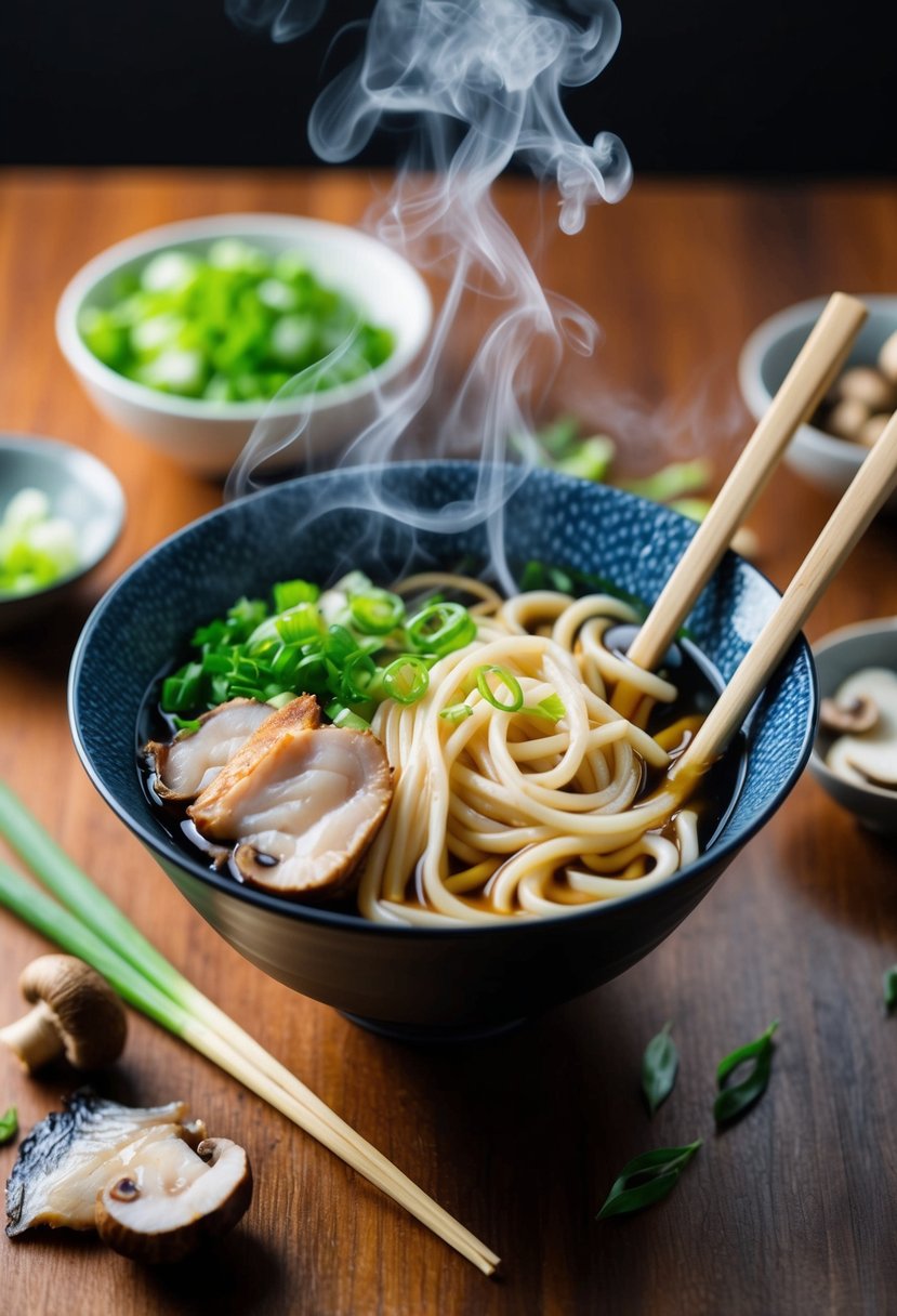 A steaming bowl of udon noodles with chopsticks resting on the side, surrounded by ingredients like green onions, mushrooms, and a slice of fish