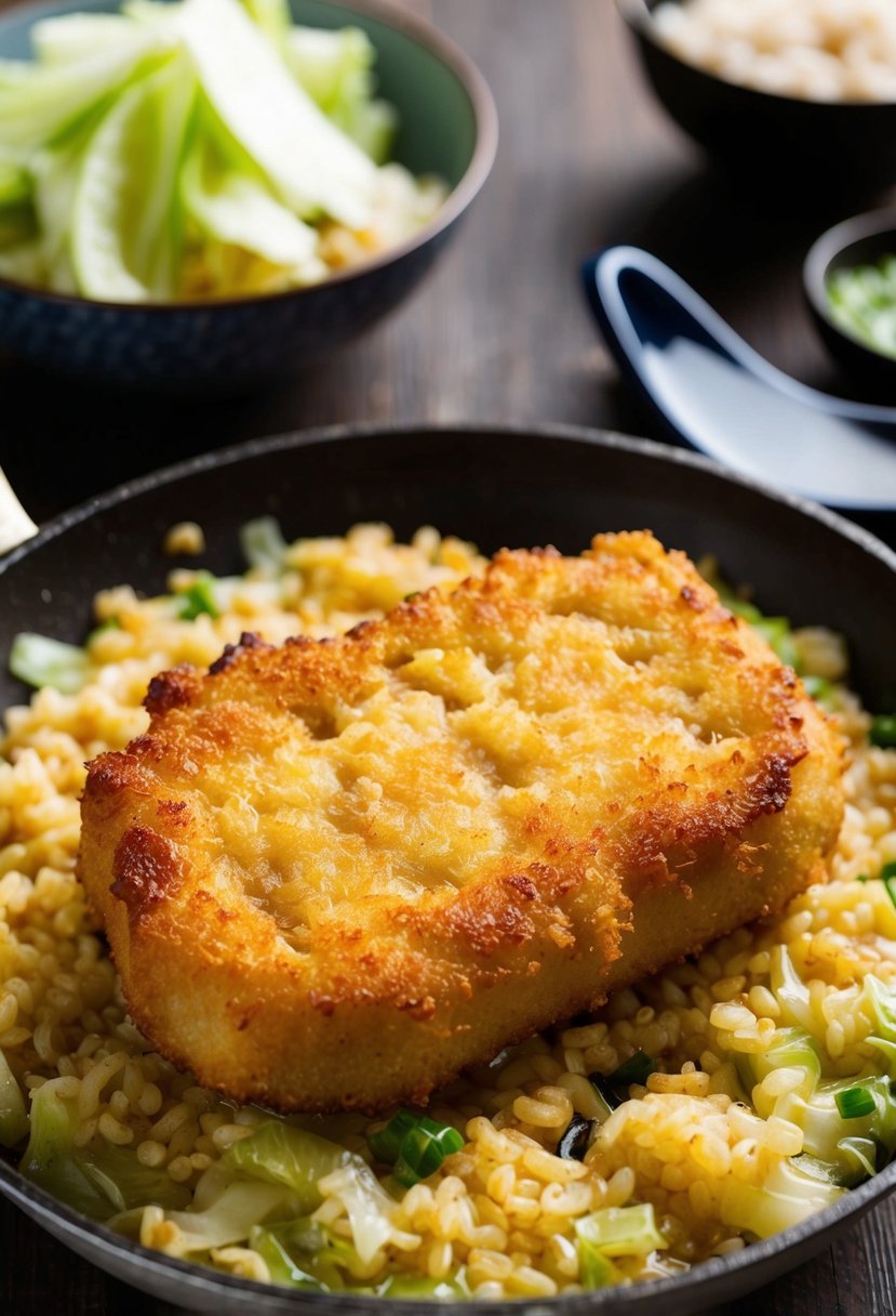 A sizzling tonkatsu pork cutlet frying in a golden-brown batter, surrounded by traditional Japanese ingredients like cabbage and rice