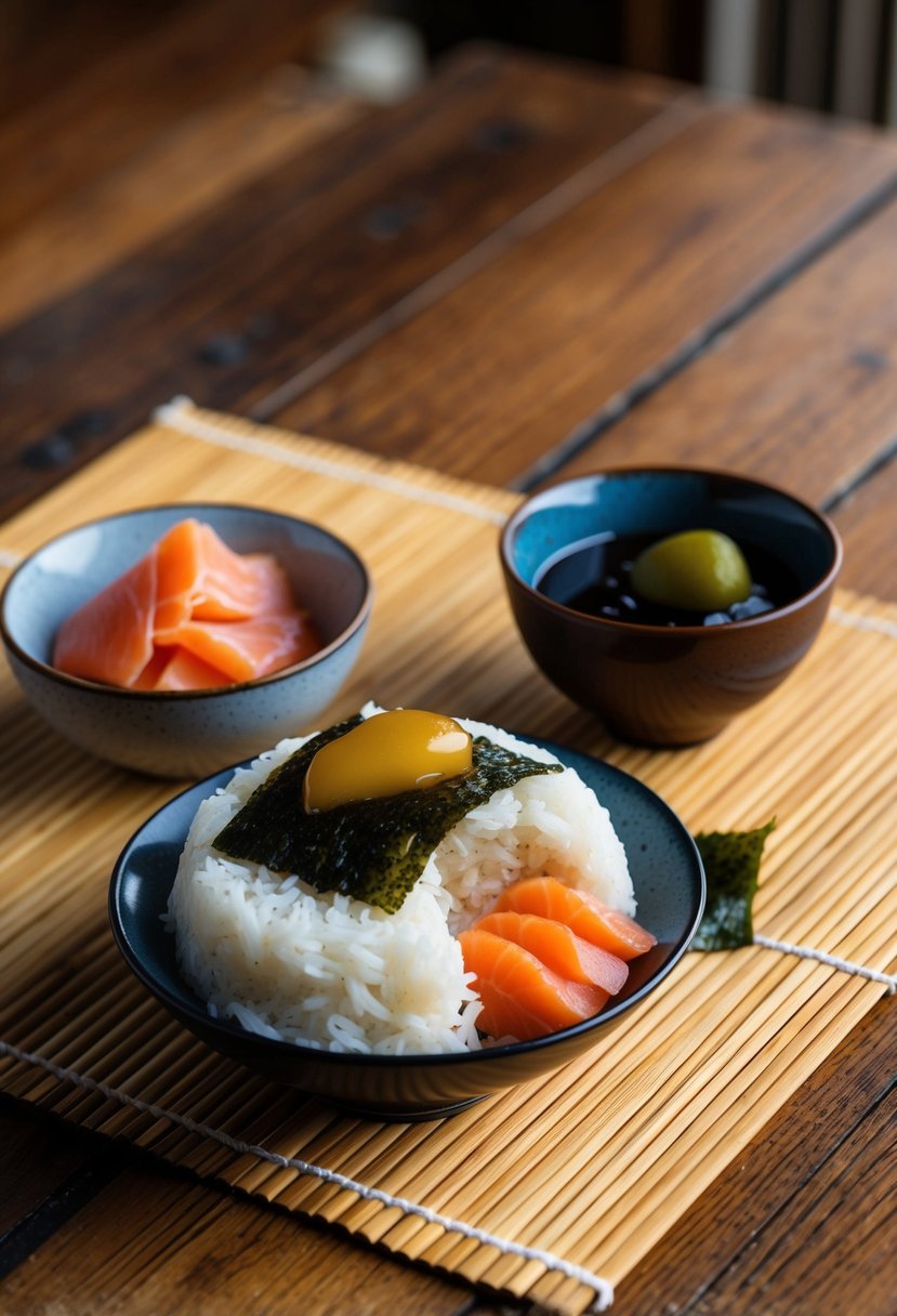 A wooden table with a bamboo mat, rice, nori seaweed, and various fillings like salmon, pickled plum, and tuna