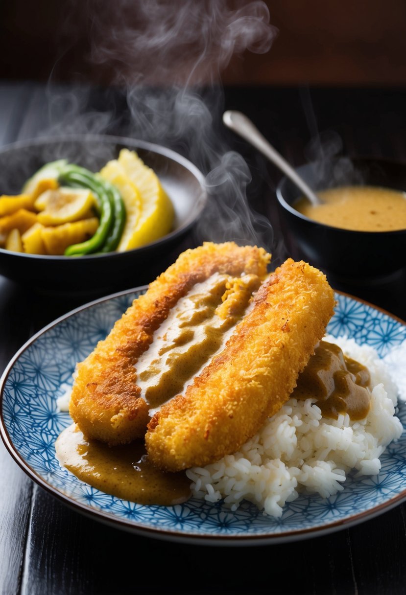 A steaming plate of katsu curry with golden breaded cutlets, aromatic curry sauce, and a side of pickled vegetables on a traditional Japanese dish