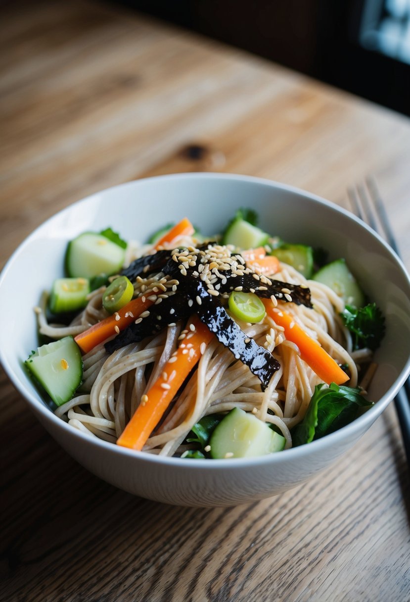 A bowl of soba salad with fresh vegetables and a tangy dressing, garnished with sesame seeds and nori strips, sits on a wooden table