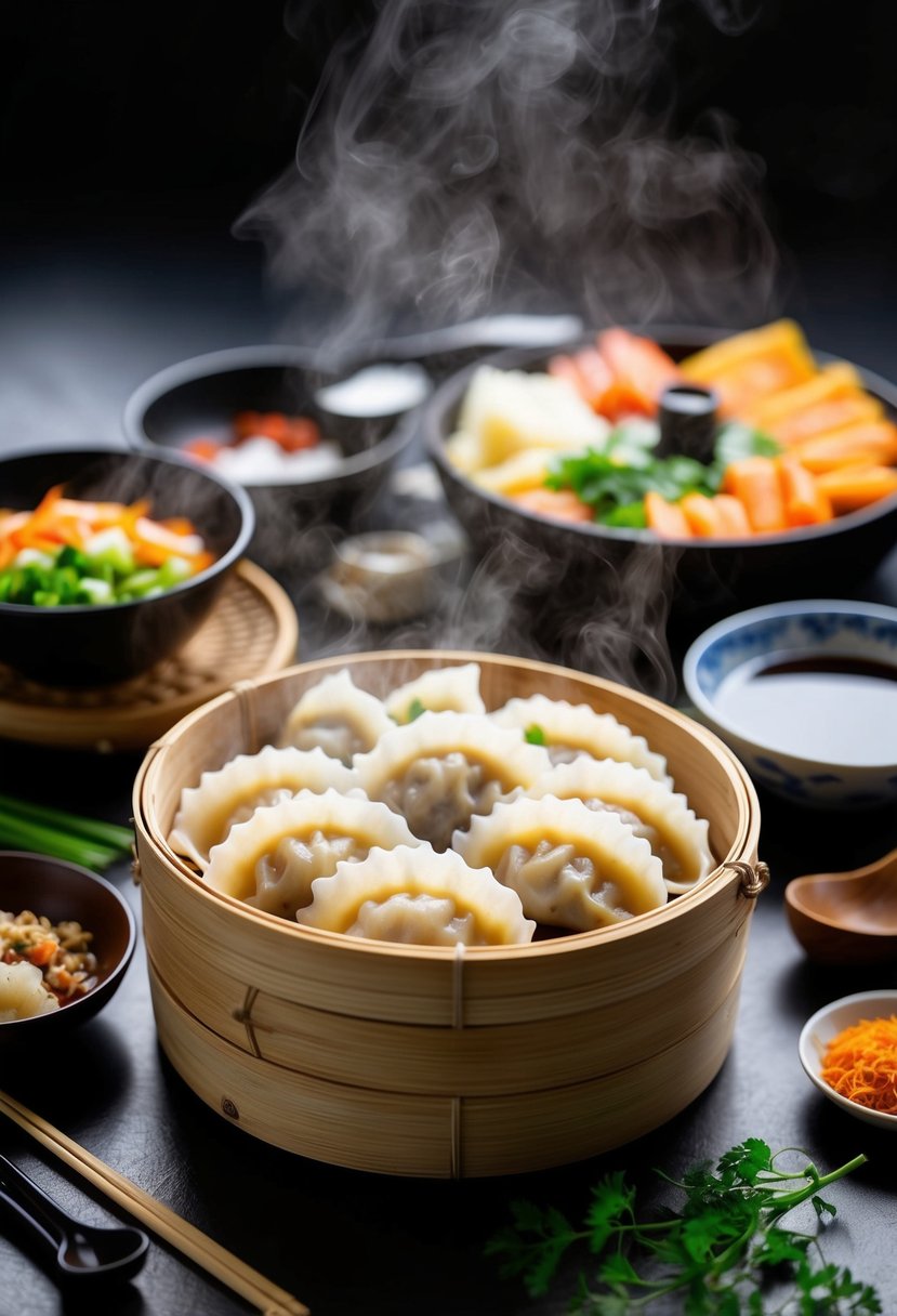 A steaming bamboo basket filled with freshly cooked gyoza dumplings, surrounded by a variety of traditional Japanese ingredients and cooking utensils