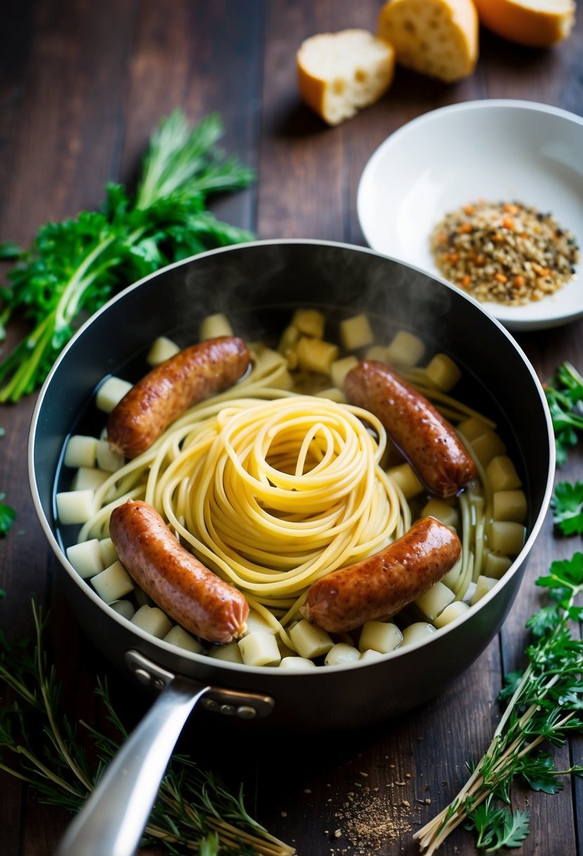 A pot of boiling water with pasta and sausages in a pan, surrounded by fresh herbs and spices