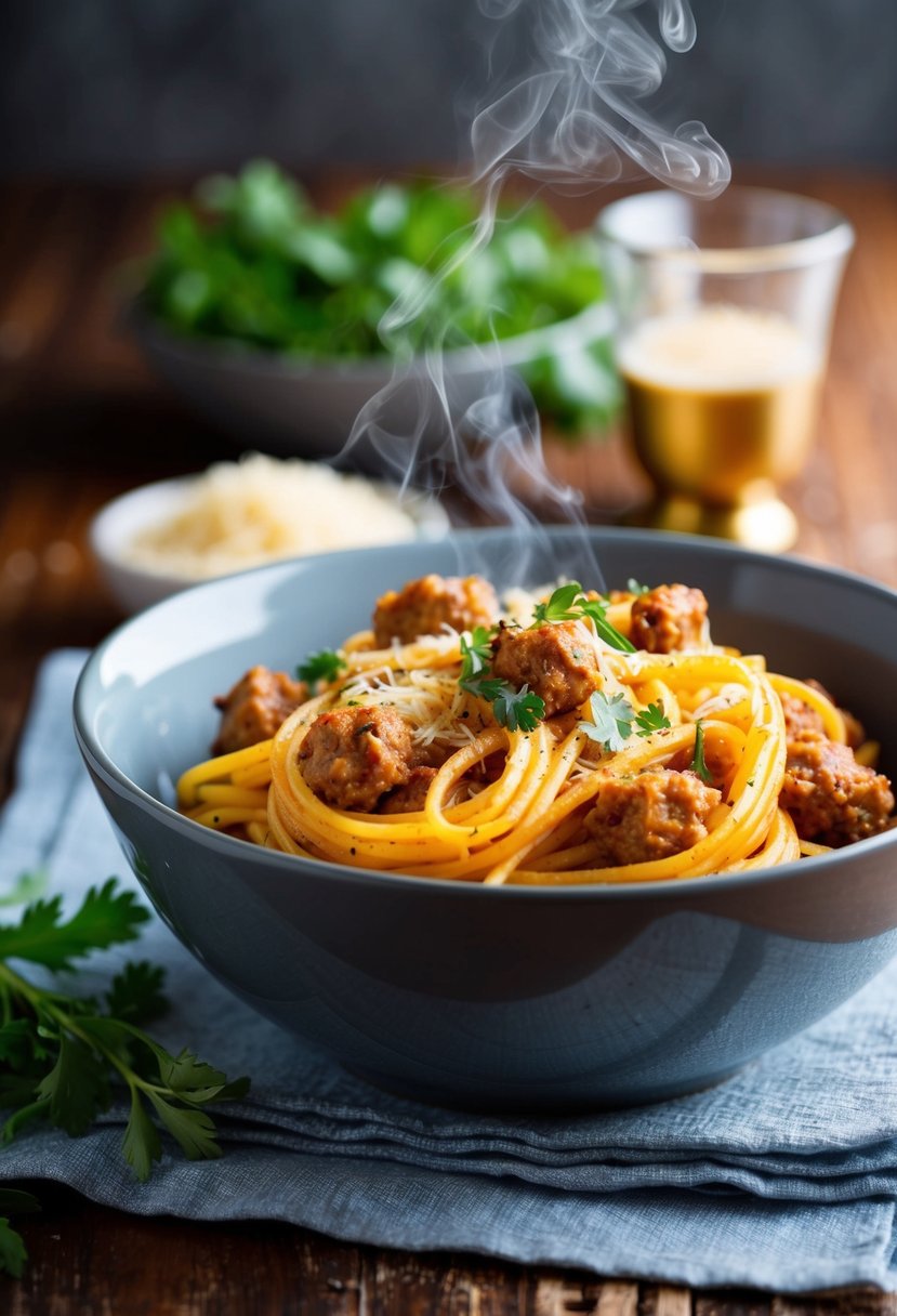 A steaming bowl of spicy Italian sausage pasta with fresh herbs and Parmesan cheese