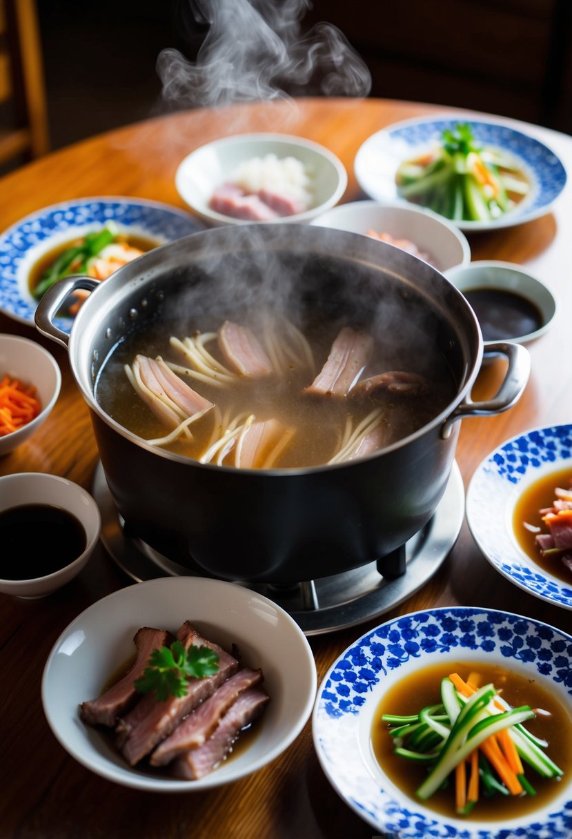 A steaming pot of shabu shabu broth surrounded by plates of thinly sliced meat, fresh vegetables, and dipping sauces on a wooden table