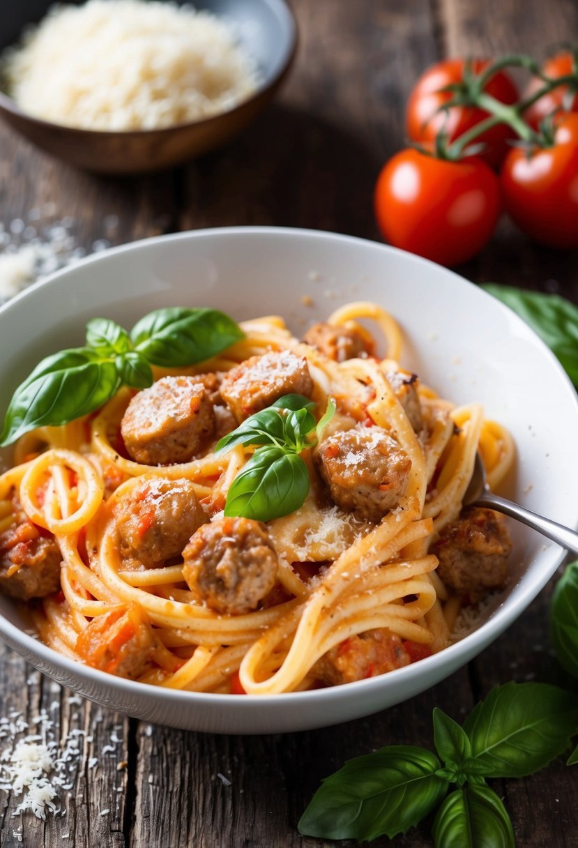 A steaming bowl of creamy sausage and tomato pasta sits on a rustic wooden table, garnished with fresh basil leaves and sprinkled with grated parmesan cheese