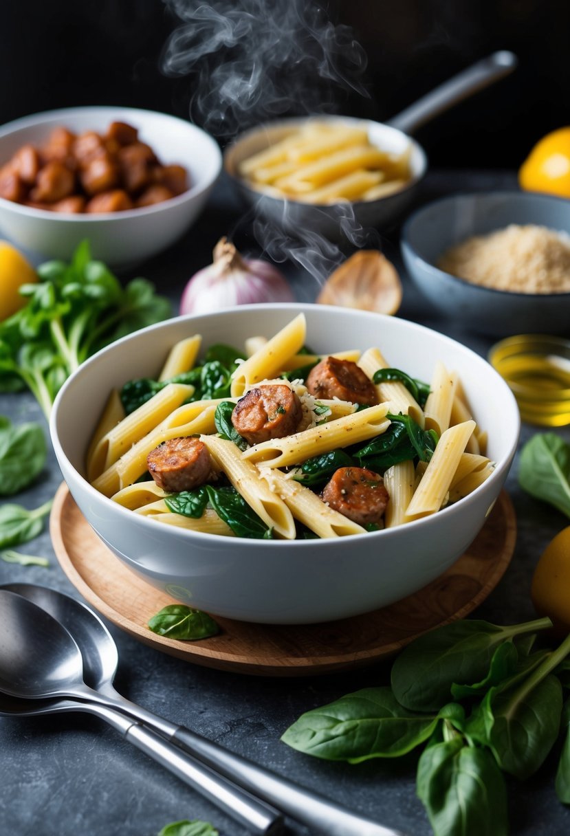 A steaming bowl of penne pasta with sausage and spinach, surrounded by fresh ingredients and cooking utensils