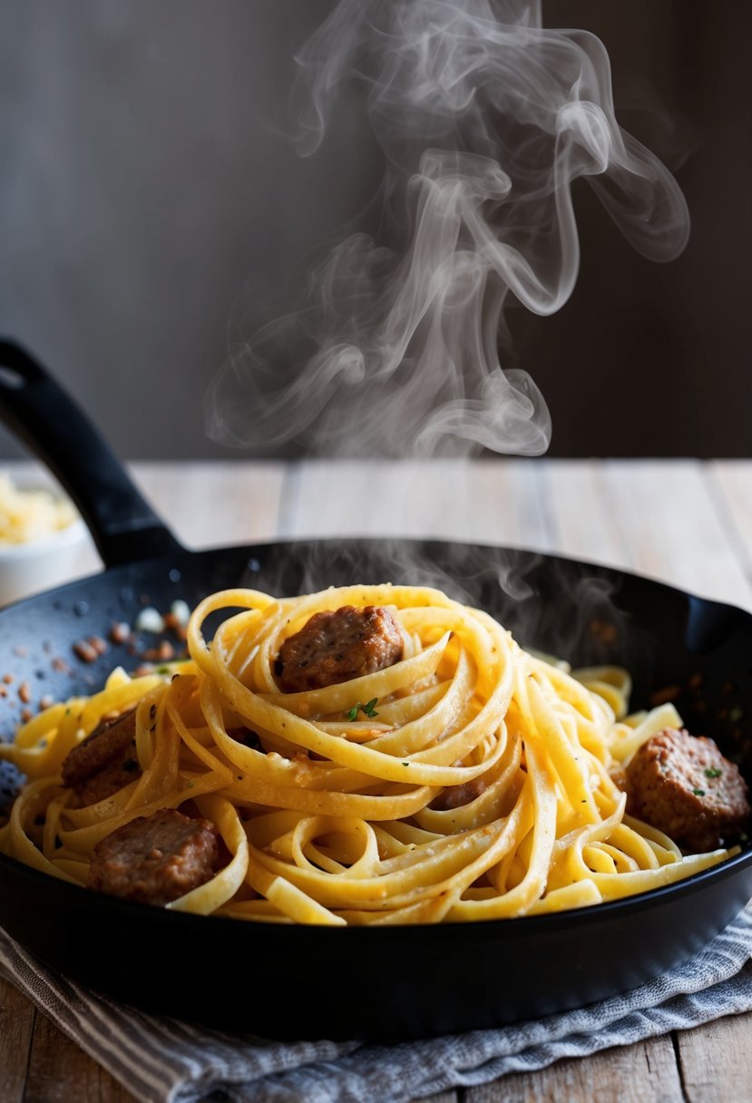 A sizzling skillet of garlic butter sausage fettuccine, steam rising