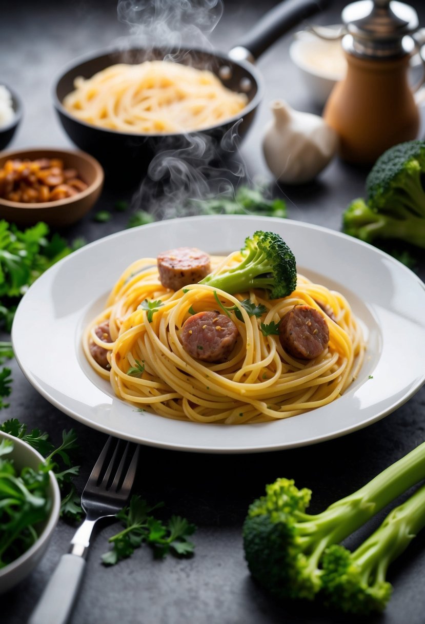 A steaming plate of pasta with sausage and broccoli, surrounded by fresh ingredients and cooking utensils