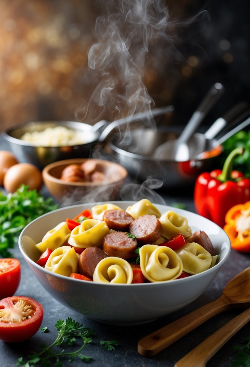 A steaming bowl of tortellini with slices of sausage and red peppers, surrounded by fresh ingredients and cooking utensils