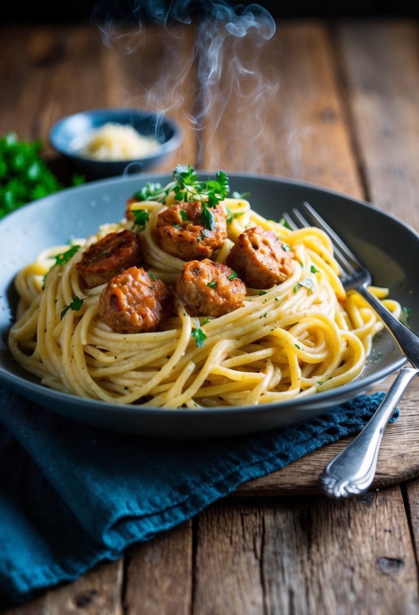 A steaming plate of Cajun Sausage Alfredo pasta, garnished with fresh herbs, sits on a rustic wooden table