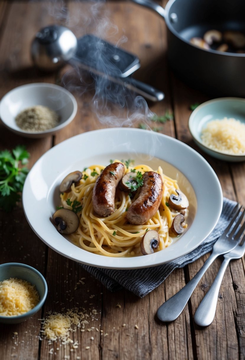 A steaming plate of sausage and mushroom carbonara sits on a rustic wooden table, surrounded by scattered ingredients and a cooking utensil