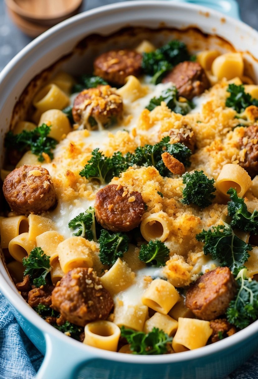 A bubbling casserole dish filled with sausage, kale, and pasta, topped with melted cheese and golden breadcrumbs