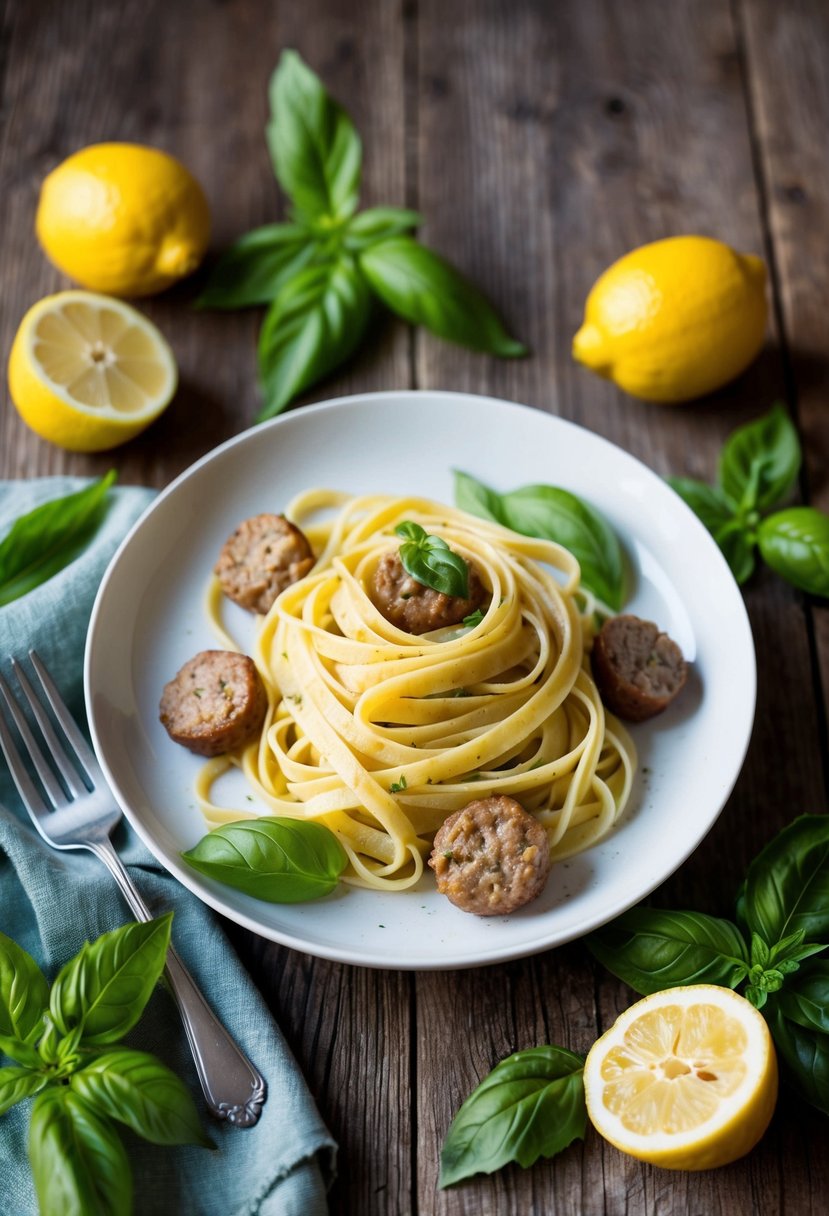 A steaming plate of lemon basil sausage linguine on a rustic wooden table, surrounded by fresh basil leaves and halved lemons