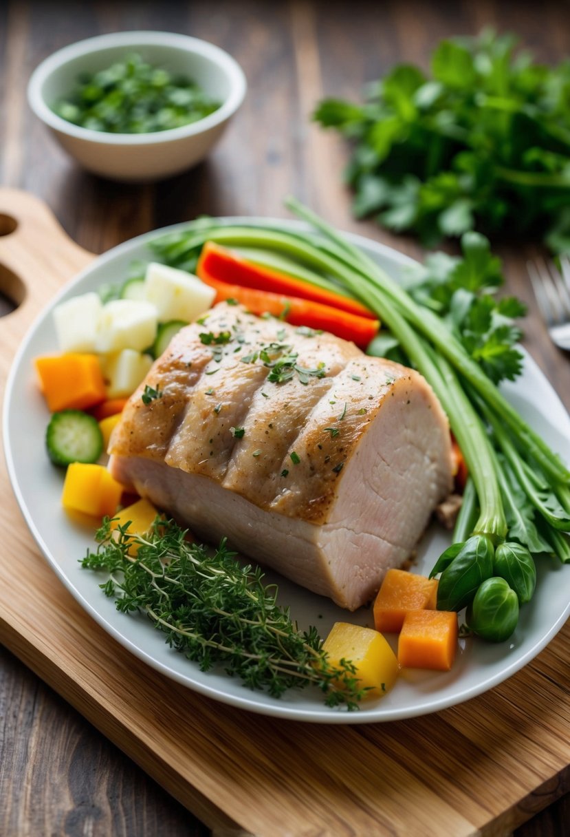 A plate of leftover pork with assorted vegetables and herbs on a wooden cutting board