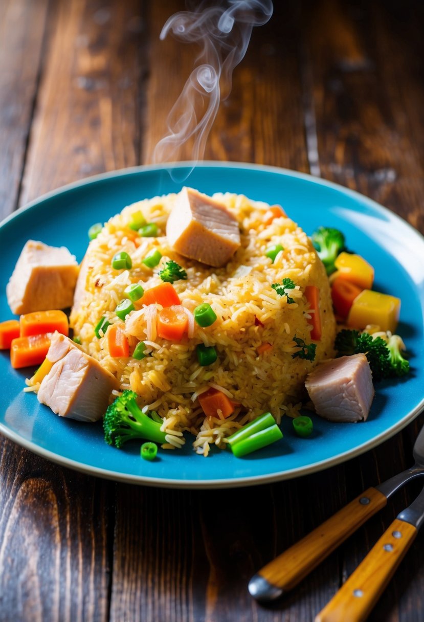 A steaming plate of pork fried rice with colorful vegetables and tender chunks of leftover pork, served on a wooden table