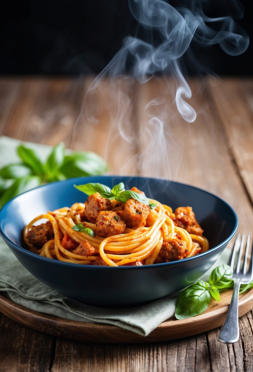 A steaming bowl of sun-dried tomato sausage pasta, garnished with fresh basil, sits on a rustic wooden table