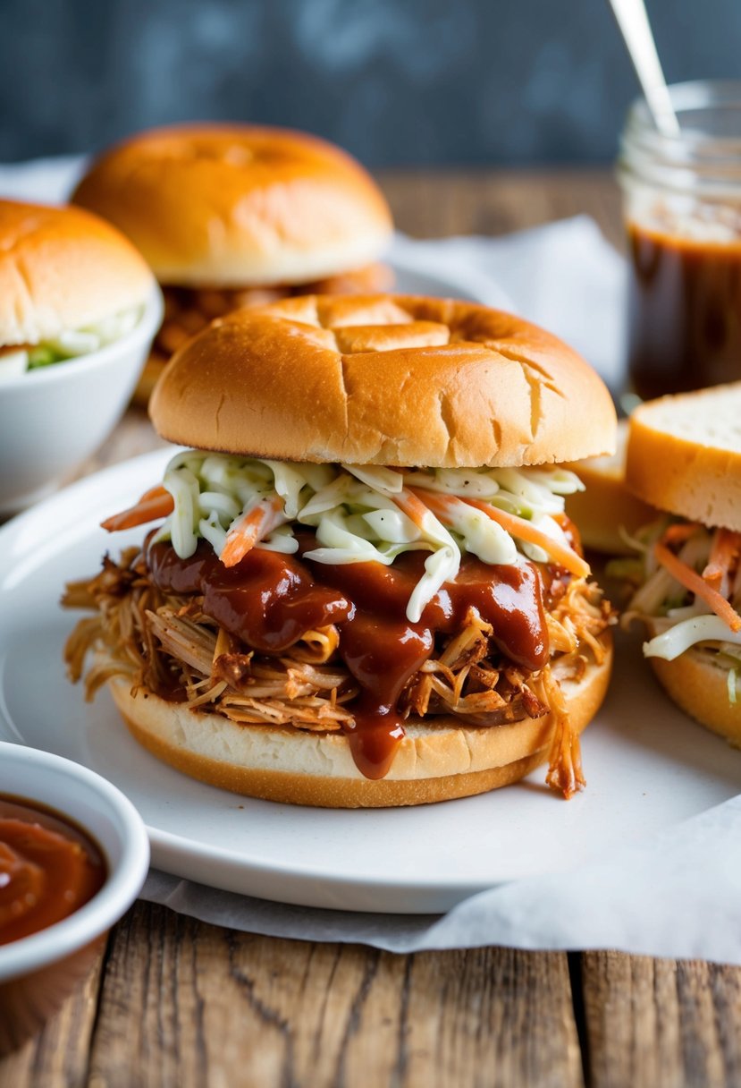 A mouthwatering pulled pork sandwich being assembled with barbecue sauce and coleslaw on a toasted bun