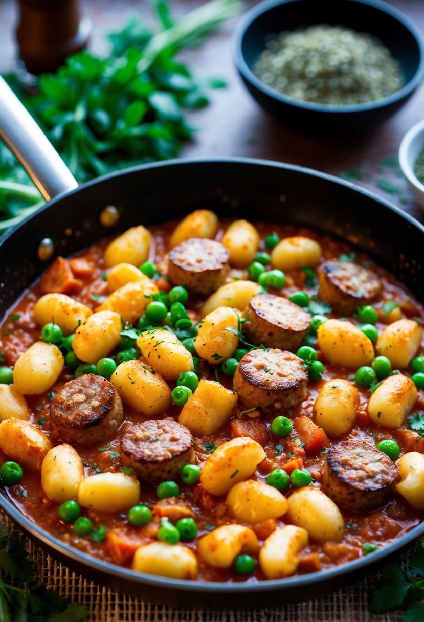 A steaming skillet of gnocchi, sausage, and peas sizzling in a fragrant tomato sauce, surrounded by fresh herbs and spices