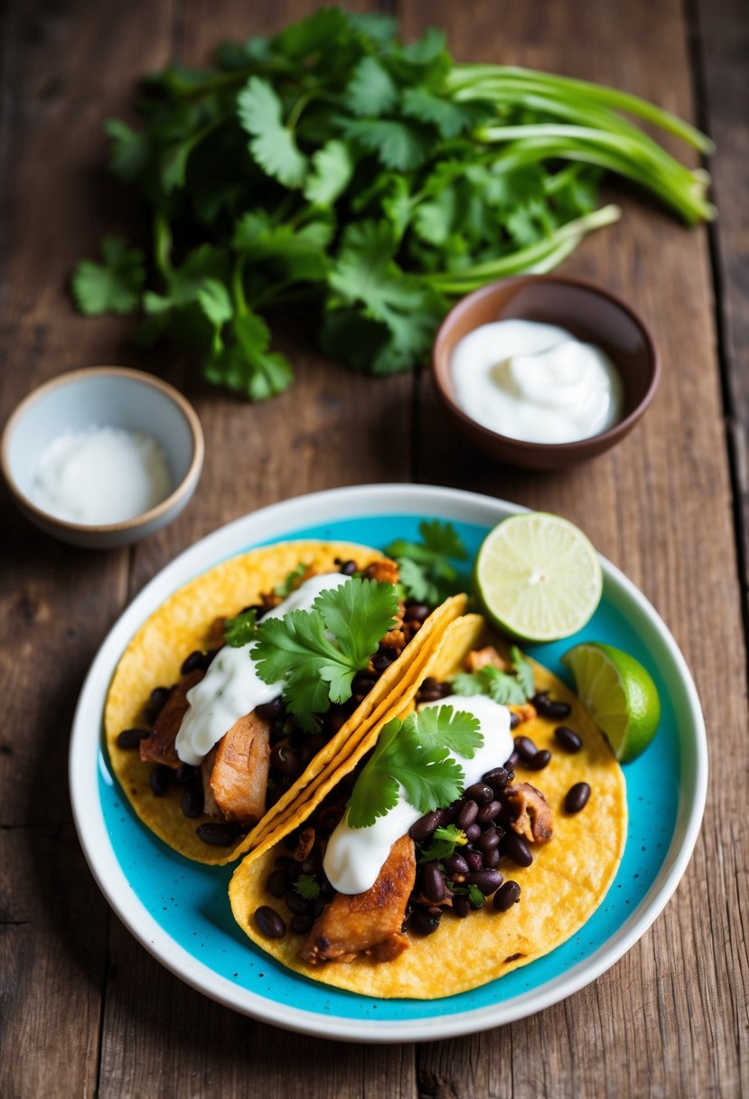 A colorful plate of pork and black bean tacos, garnished with fresh cilantro and a squeeze of lime, sits on a rustic wooden table