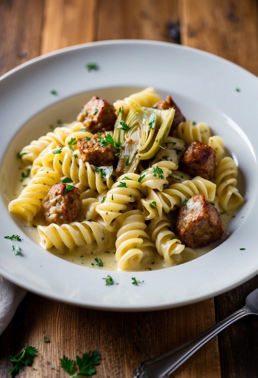 A steaming plate of rotini pasta with chunks of sausage and artichoke in a creamy sauce, garnished with fresh herbs