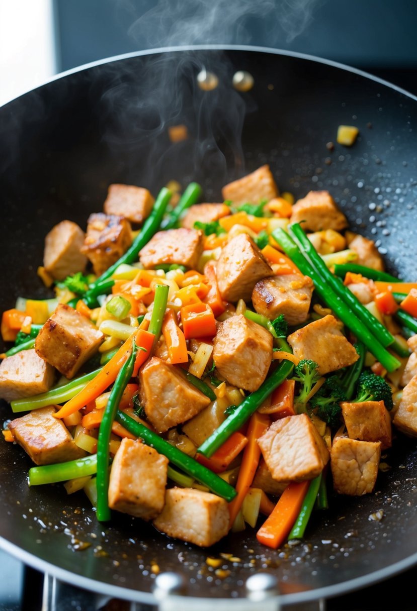 A colorful stir-fry sizzling in a wok, filled with chunks of leftover pork, mixed vegetables, and savory sauce