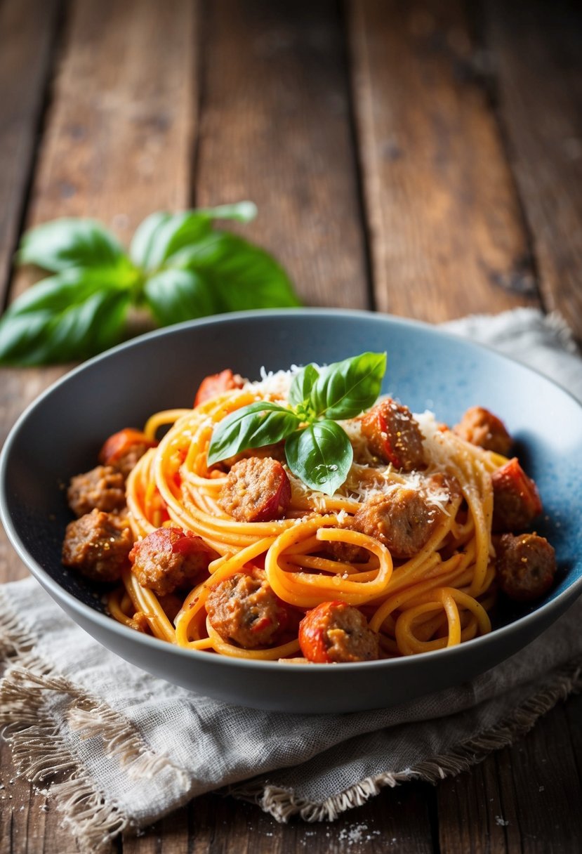 A steaming bowl of roasted red pepper sausage pasta sits on a rustic wooden table, garnished with fresh basil leaves and grated Parmesan cheese