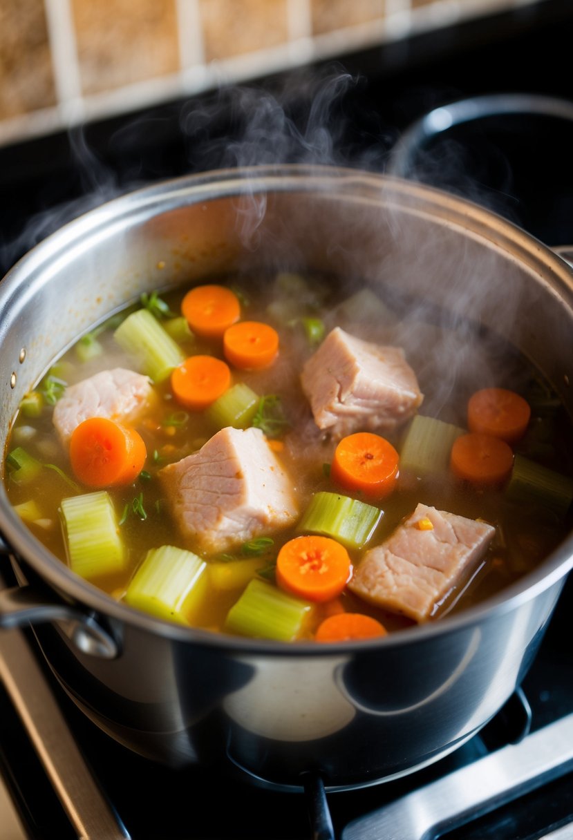 A steaming pot of pork and vegetable soup simmering on a stovetop. Carrots, celery, and chunks of tender pork visible in the savory broth