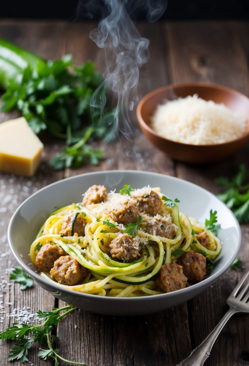 A steaming bowl of zucchini and sausage pasta sits on a rustic wooden table, garnished with fresh herbs and grated cheese