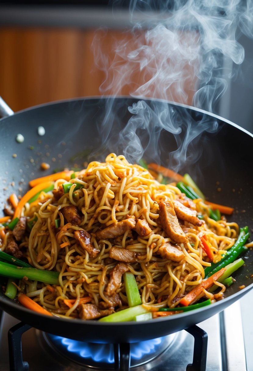 A steamy wok sizzles as pork fried noodles are tossed with colorful vegetables and savory sauce