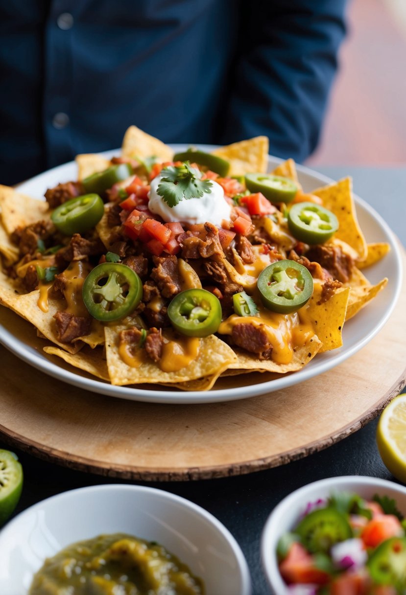 A plate of loaded nachos topped with spicy pork, melted cheese, jalapenos, and fresh salsa, ready to be devoured