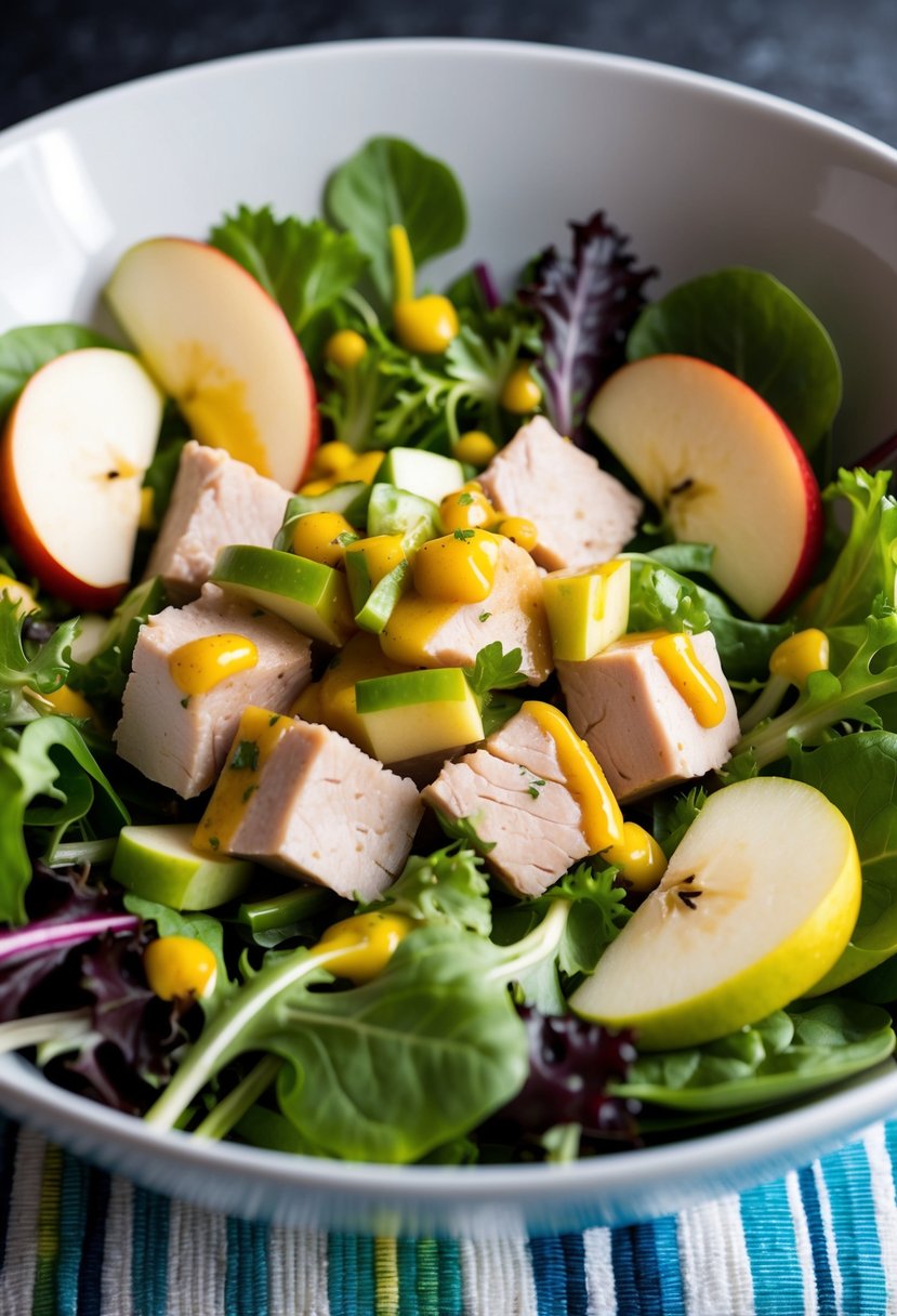 A colorful salad bowl with chunks of pork, slices of apple, and a variety of fresh greens and vegetables, drizzled with a vinaigrette dressing