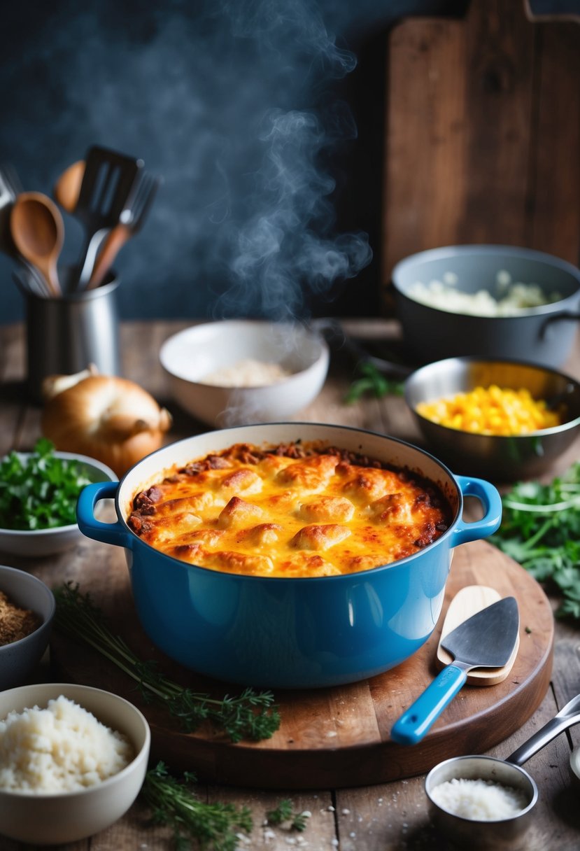 A rustic kitchen with a bubbling pot of pork shepherd's pie, surrounded by assorted ingredients and cooking utensils