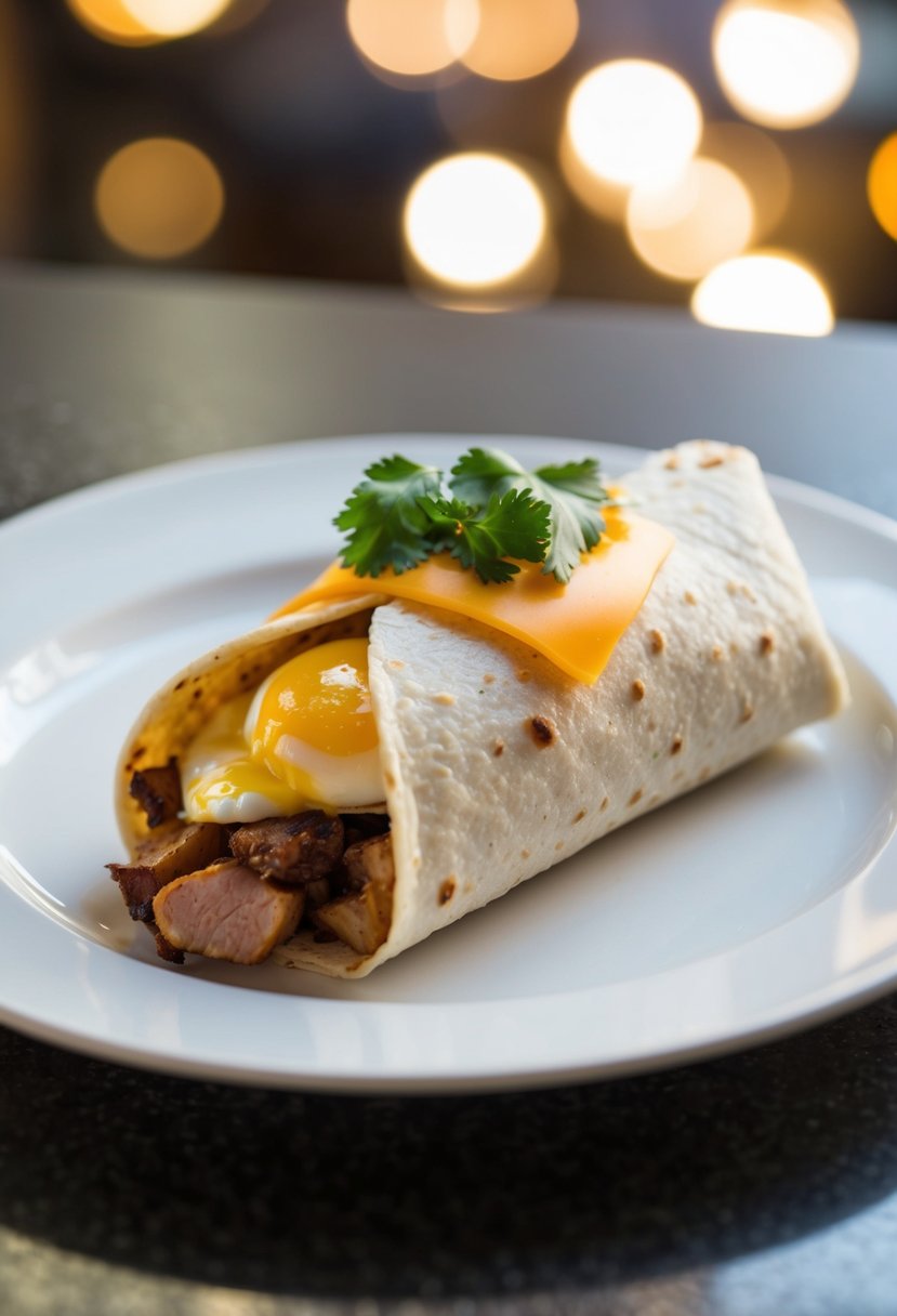 A breakfast burrito with pork, eggs, and cheese on a plate