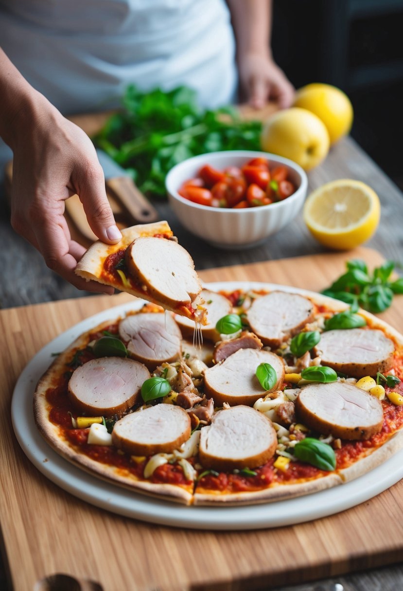 A pizza being topped with leftover pork slices and various ingredients on a wooden cutting board