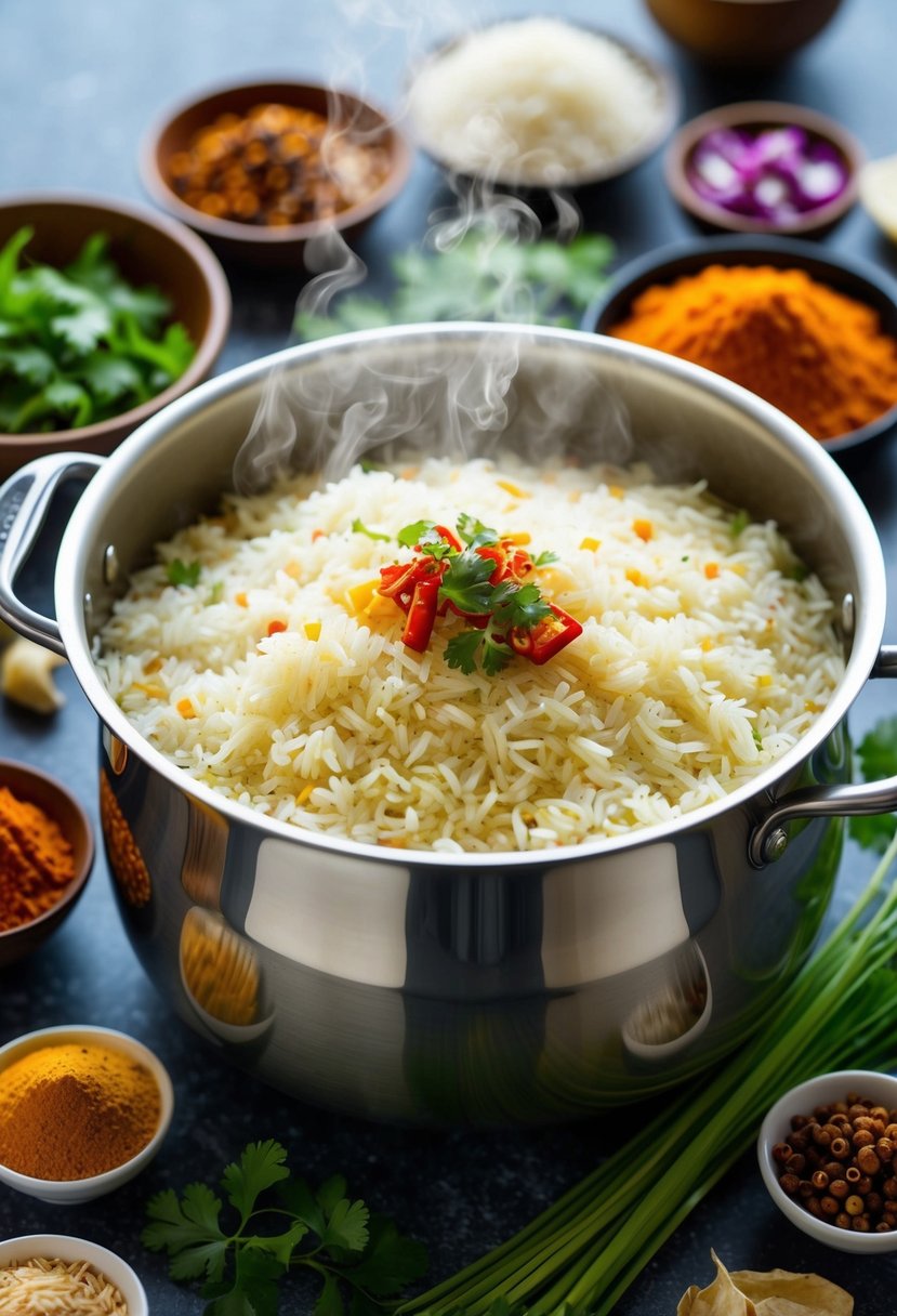 A steaming pot of fragrant basmati rice surrounded by vibrant spices and fresh ingredients, ready to be transformed into a delicious Indian rice dish