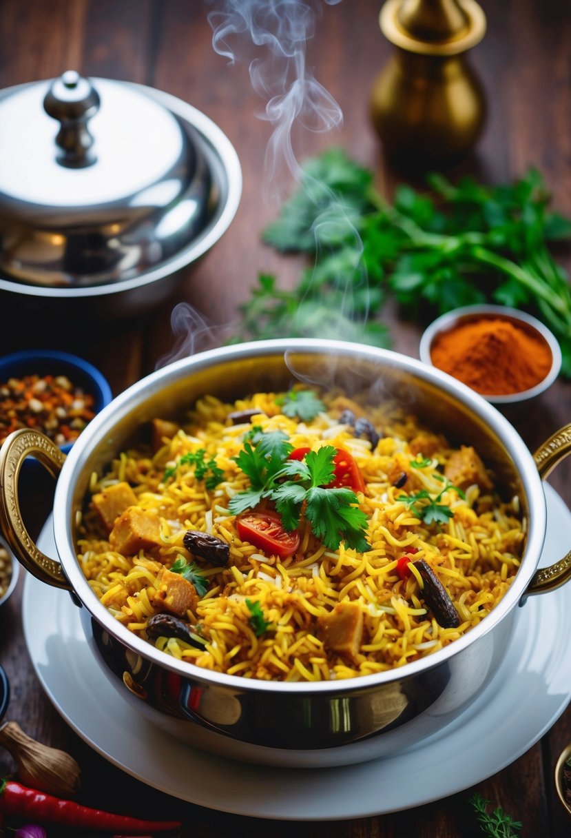 A steaming pot of biryani rice surrounded by vibrant Indian spices and herbs