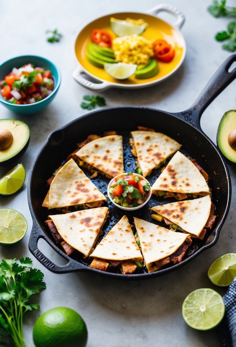 A sizzling skillet with pork quesadillas, surrounded by colorful ingredients like salsa, avocado, and lime wedges