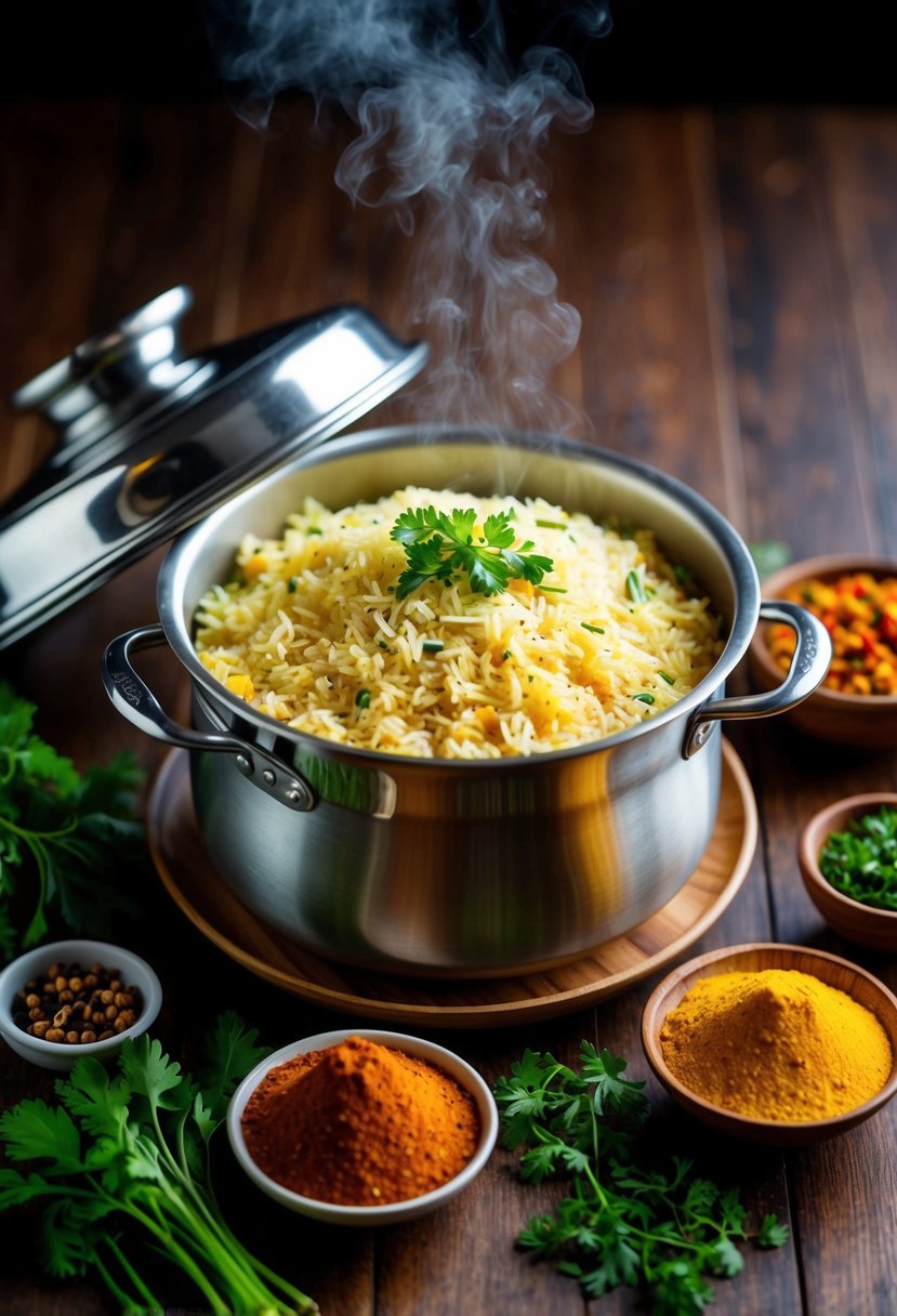 A steaming pot of fragrant pulao rice surrounded by vibrant Indian spices and fresh herbs