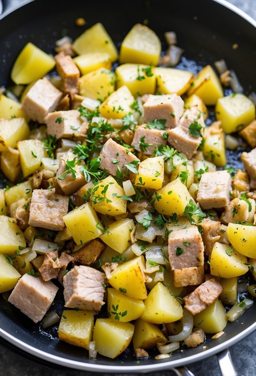 A sizzling skillet filled with diced potatoes, onions, and chunks of leftover pork, all mixed together and topped with a sprinkle of fresh herbs