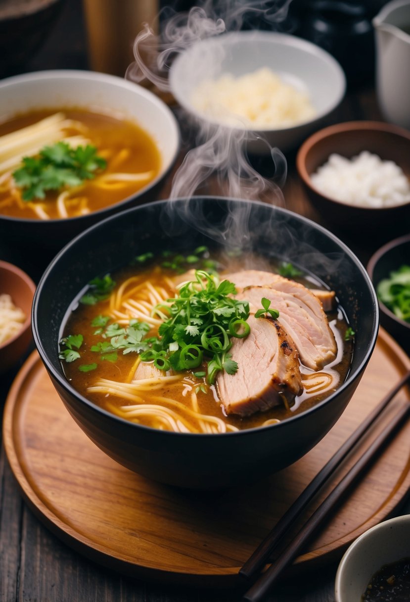 A steaming bowl of pork ramen sits on a wooden table, surrounded by various ingredients and utensils. The rich broth and tender pork create an inviting and comforting scene