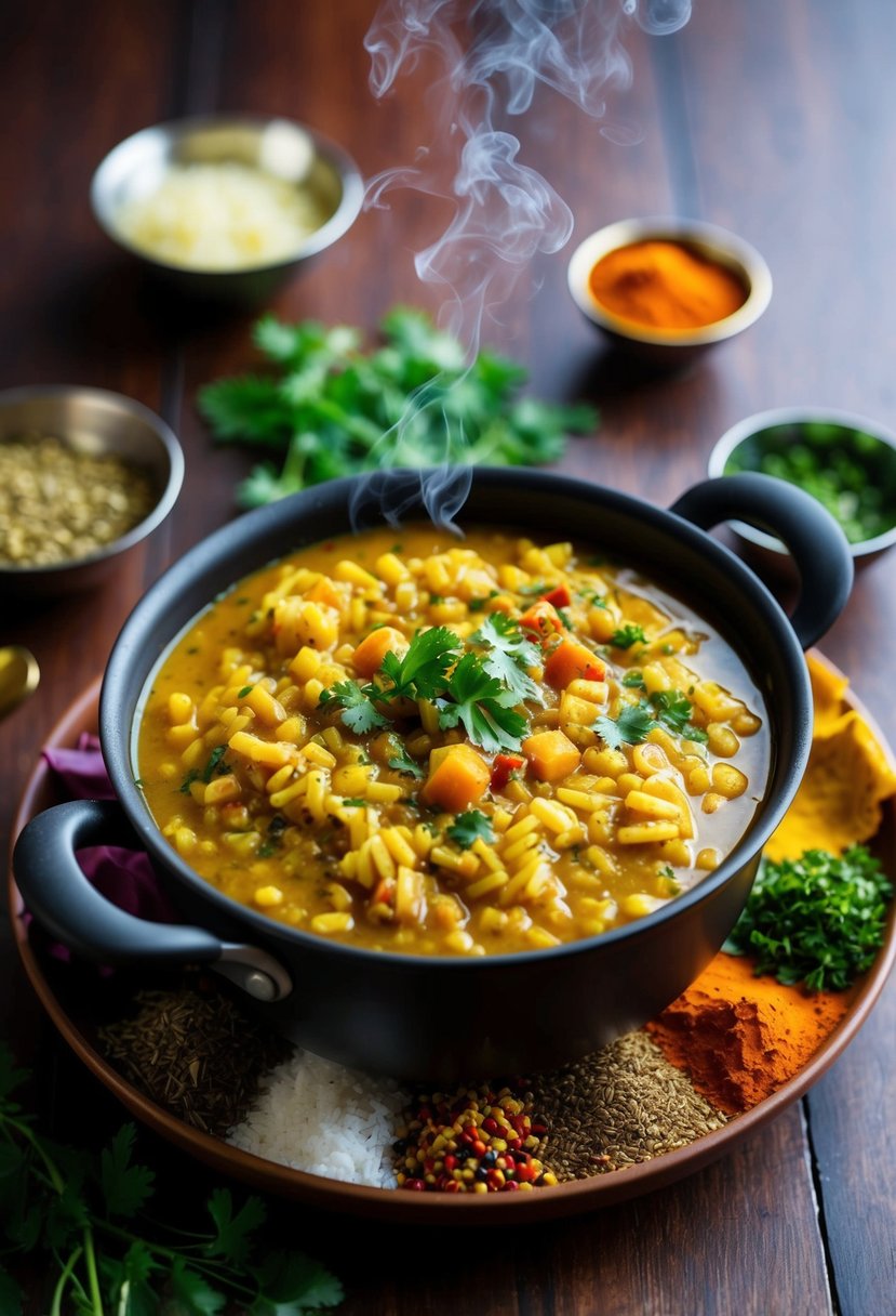 A steaming pot of khichdi surrounded by colorful spices and herbs