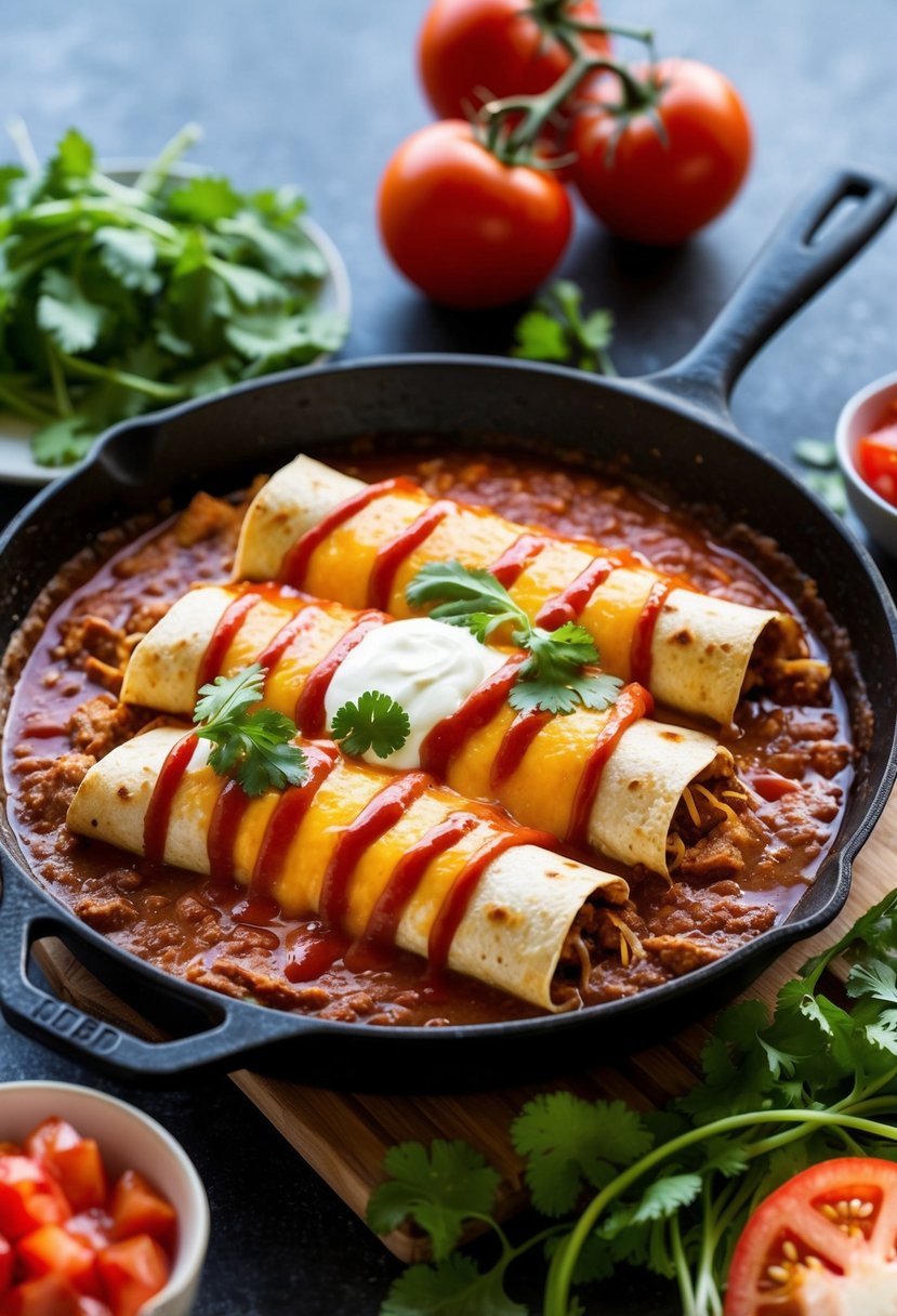 A sizzling skillet of pork enchiladas, topped with melted cheese and drizzled with tangy red sauce, surrounded by vibrant green cilantro and diced tomatoes