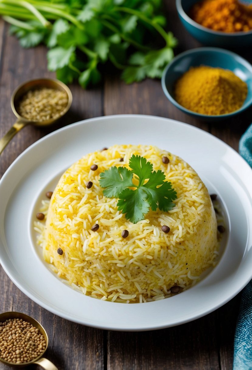 A steaming plate of Jeera Rice with whole cumin seeds, garnished with fresh cilantro and served with a side of fragrant Indian spices