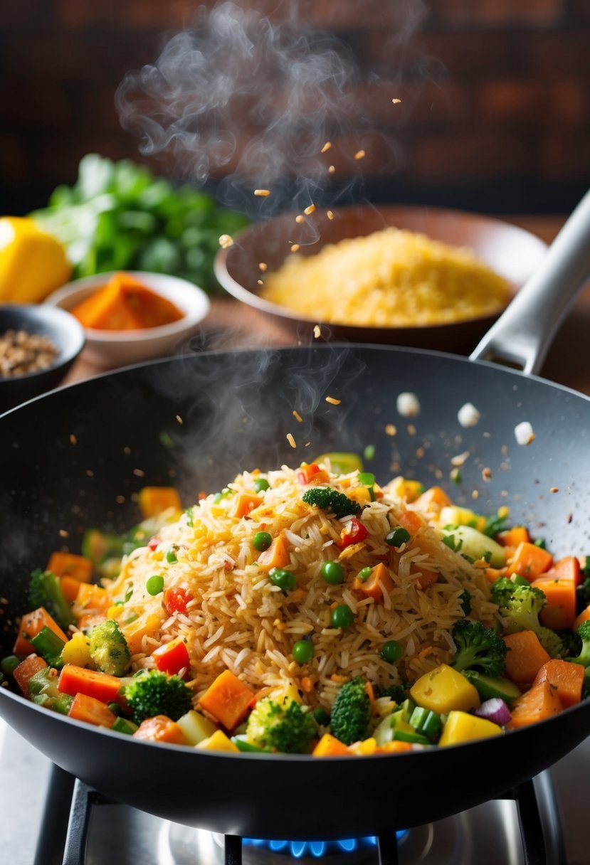 A sizzling wok filled with colorful vegetables, rice, and aromatic spices, emitting mouthwatering aromas