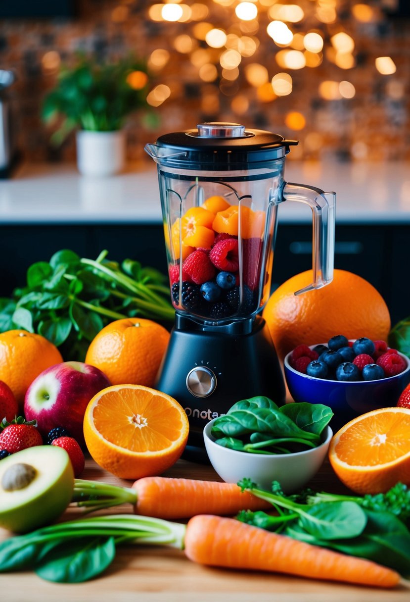 A colorful array of fresh fruits and vegetables, including oranges, berries, carrots, and spinach, arranged around a blender and cutting board